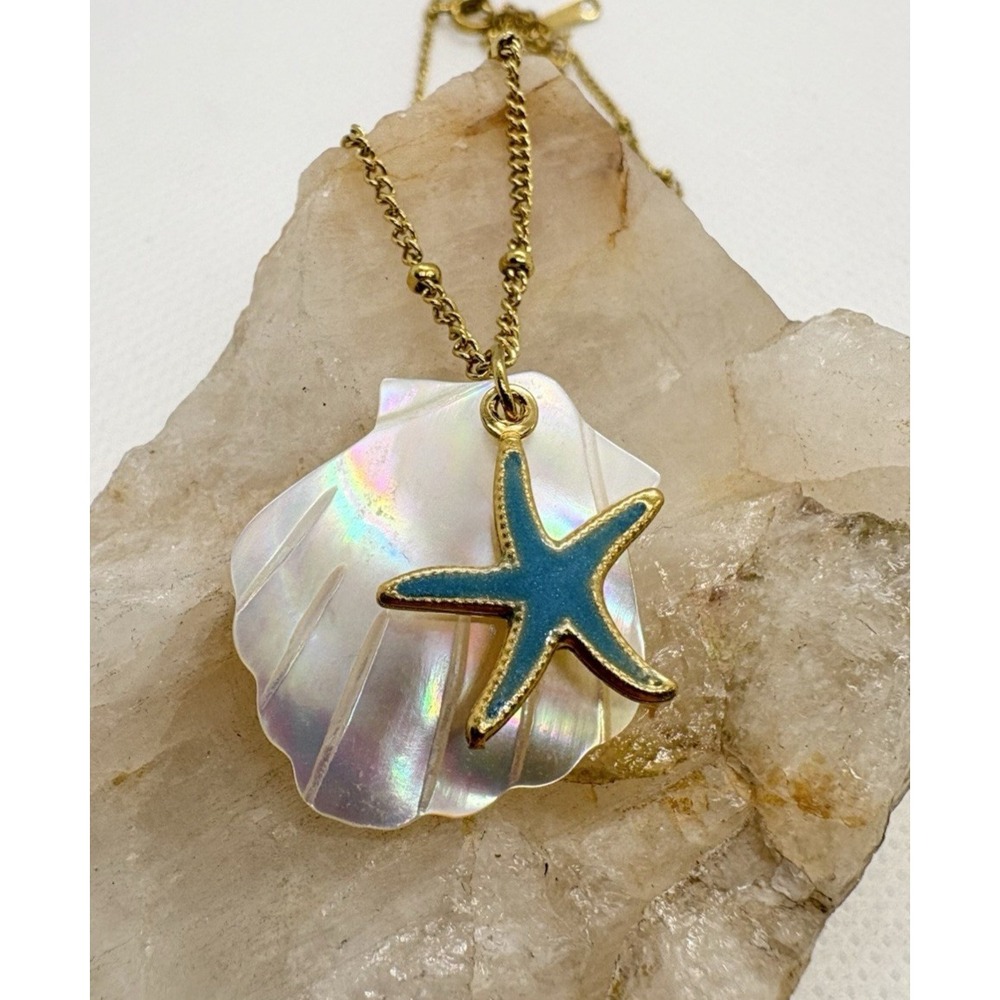 Stainless Steel Starfish Shell Necklace Gold Tone‎ 16–17.5" Adjustable Coastal